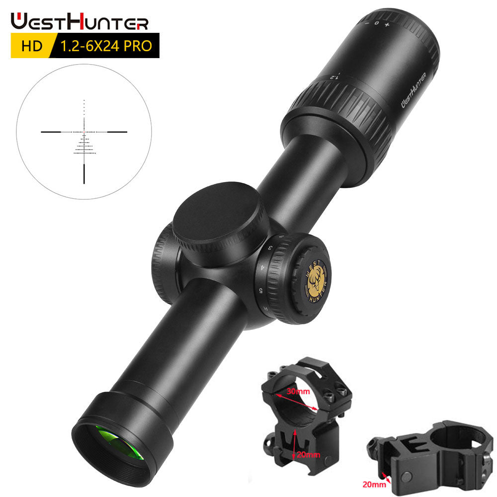 Mira compacta WestHunter HD 1.2-6X24 IR Pro con retícula grabada en vidrio e iluminación roja y verde 